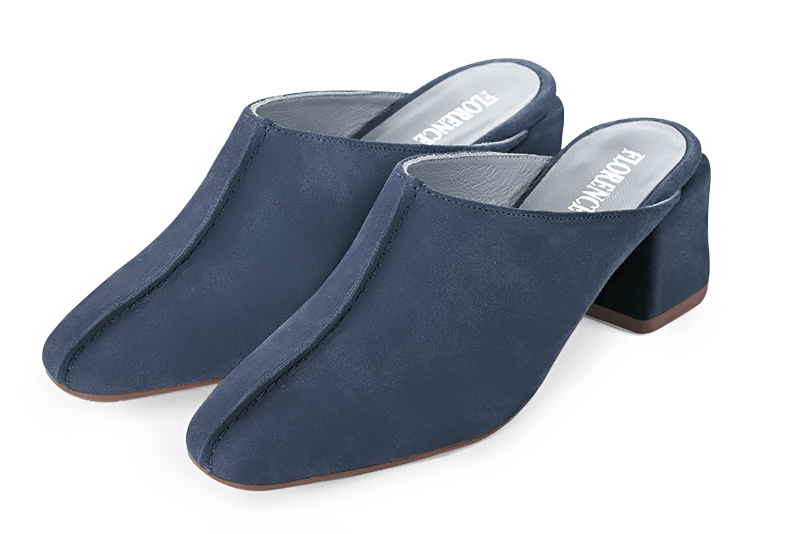 Denim blue women's clog mules. Square toe. Medium block heels. Front view - Florence KOOIJMAN